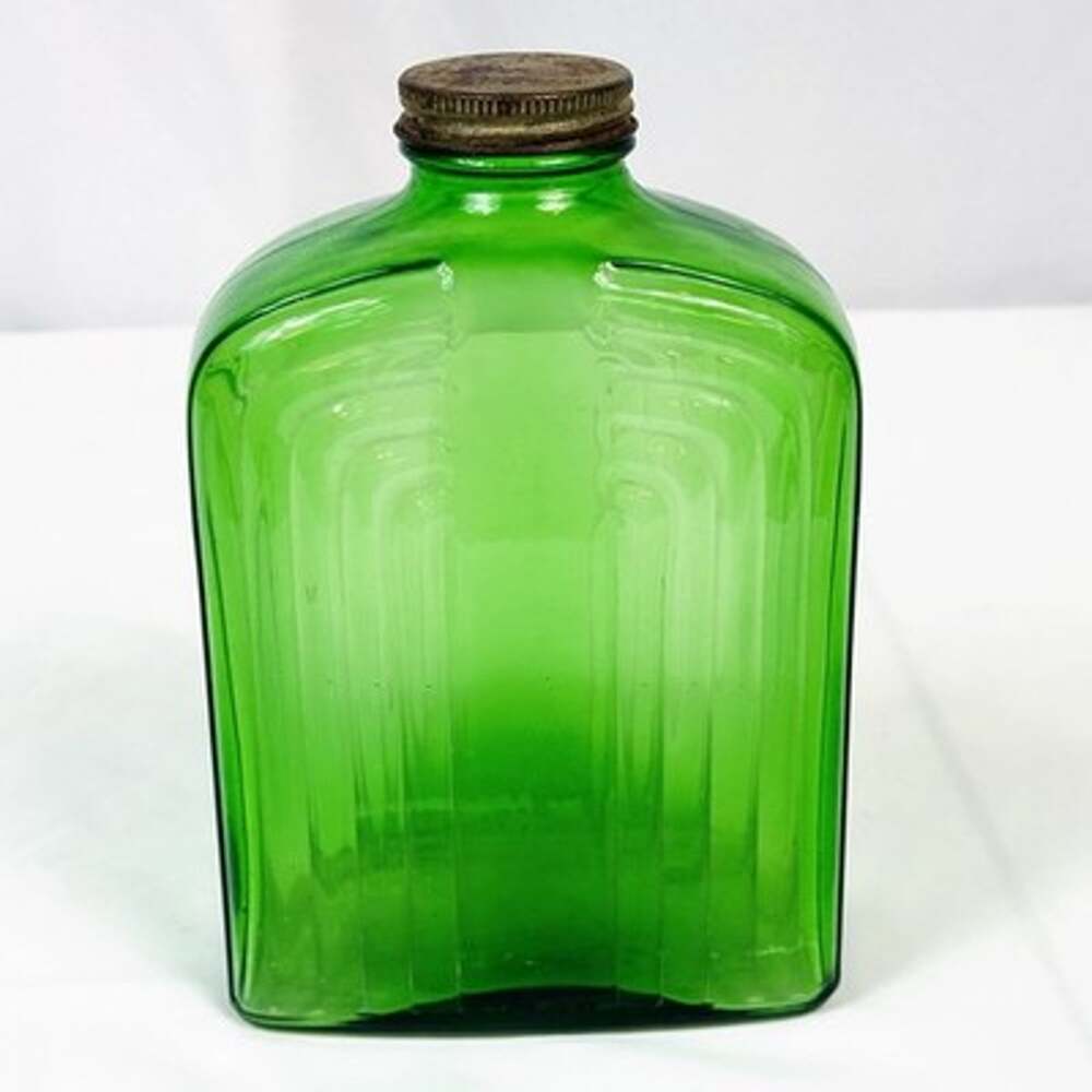 Vitage 1930s Green Glass Owens Illinois Refrigerator Bottle Ribbed Jar Art Deco